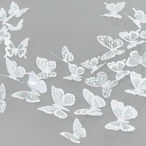 Ewong 3D Butterfly Wall Decor 72Pcs, 10 Styles Black White PVC Butterfly Theme Decoration Birthday Party Cake Wall Decal Removable Home Room Bedroom Bathroom Art Sticker Murals (White)
