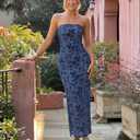 ZESICA Women's 2026 Summer Floral Strapless Maxi Sun Dress Bodycon Beach Vacation Wedding Guest Formal Cocktail Party Dresses, Grey Blue, M