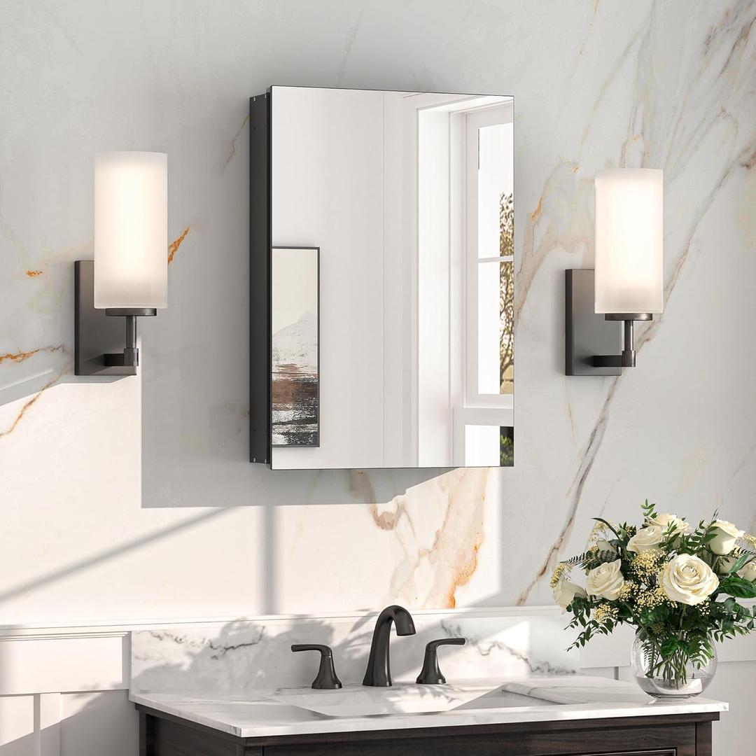 Keonjinn Black Medicine Cabinet for Bathroom with Mirror 16 x 24 Inch, Assembly Required, Lightweight, Tempered Glass, Free Adjustable Shelves, Recessed or Wall Mount, Bathroom Mirrors with Storage (16x24 In)