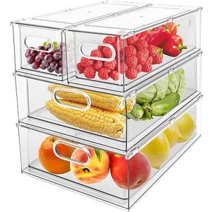 Greenby 4 Pack Refrigerator Organizer Bins with Pull-out Drawer Stackable Clear Fridge Drawer Organizer Fruit Vegetable Storage Containers for Kitchen Pantry Organization (2 Large+2 Small)