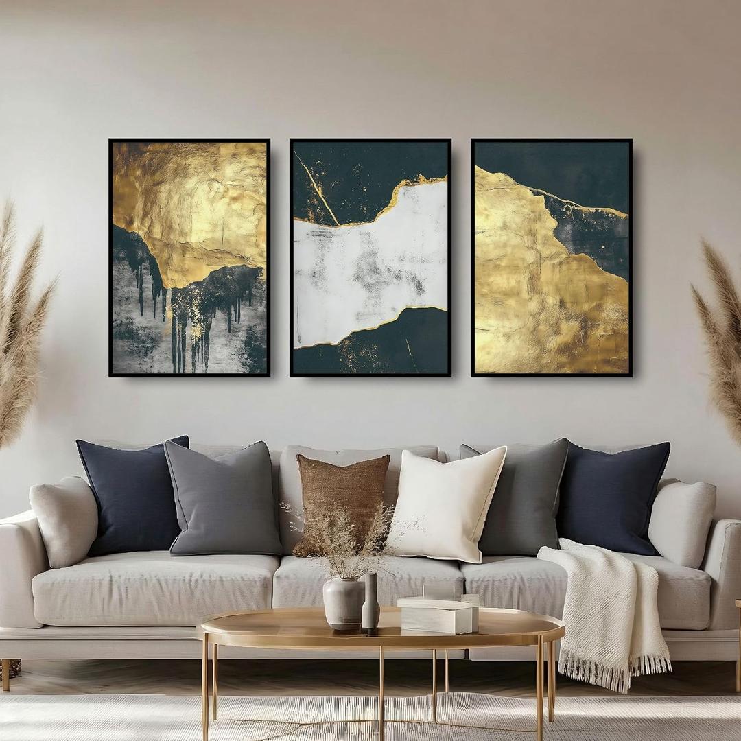Wall Art for Living Room 3 Piece Large Modern Wall Decor with Abstract Paintings Gold Foil Artwork for Walls 24x36 Inch Framed Wall Art for Bedroom Hallway Office Home Entryway, 24" W x 36" H x 3Pcs