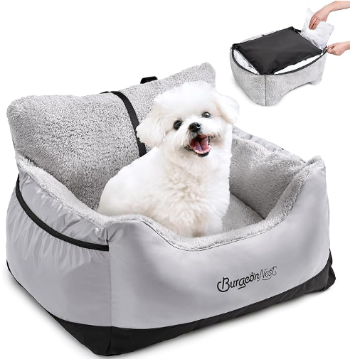 BurgeonNest Dog Car Seat for Small Dogs, Detachable and Washable Cat Carseats Under 25 lbs, Soft Pet Booster Seats with Storage Pockets and ClipOn Leash Portable Car Travel Carrier Bed, Black Grey
