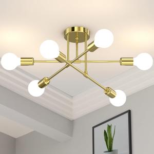 Modern Sputnik Chandelier Ceiling Light Fixtures, 6-Lights 22 Mid Century Industrial Metal Semi Flush Mount for Dining Room, Bedroom, Living Room-Brushed Gold