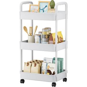 EZ COZY 3 Tier Rolling Cart, Plastic Diaper Cart Organizer with Wheels, Roller Cart for Diapers, Baby Nursery, Kitchen, Bathroom, Living Room and Bedside, White