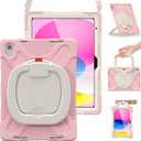 BRAECN Case for iPad 10th Generation 2022 10.9 Inch A2696 A2757 A2777-Shockproof Silicone Cover w/ Pencil Holder/ 360°Swivel Ring Stand/ Handle Grip/ Kickstand/ Shoulder Strap/ Screen Protector, Sakura Pink