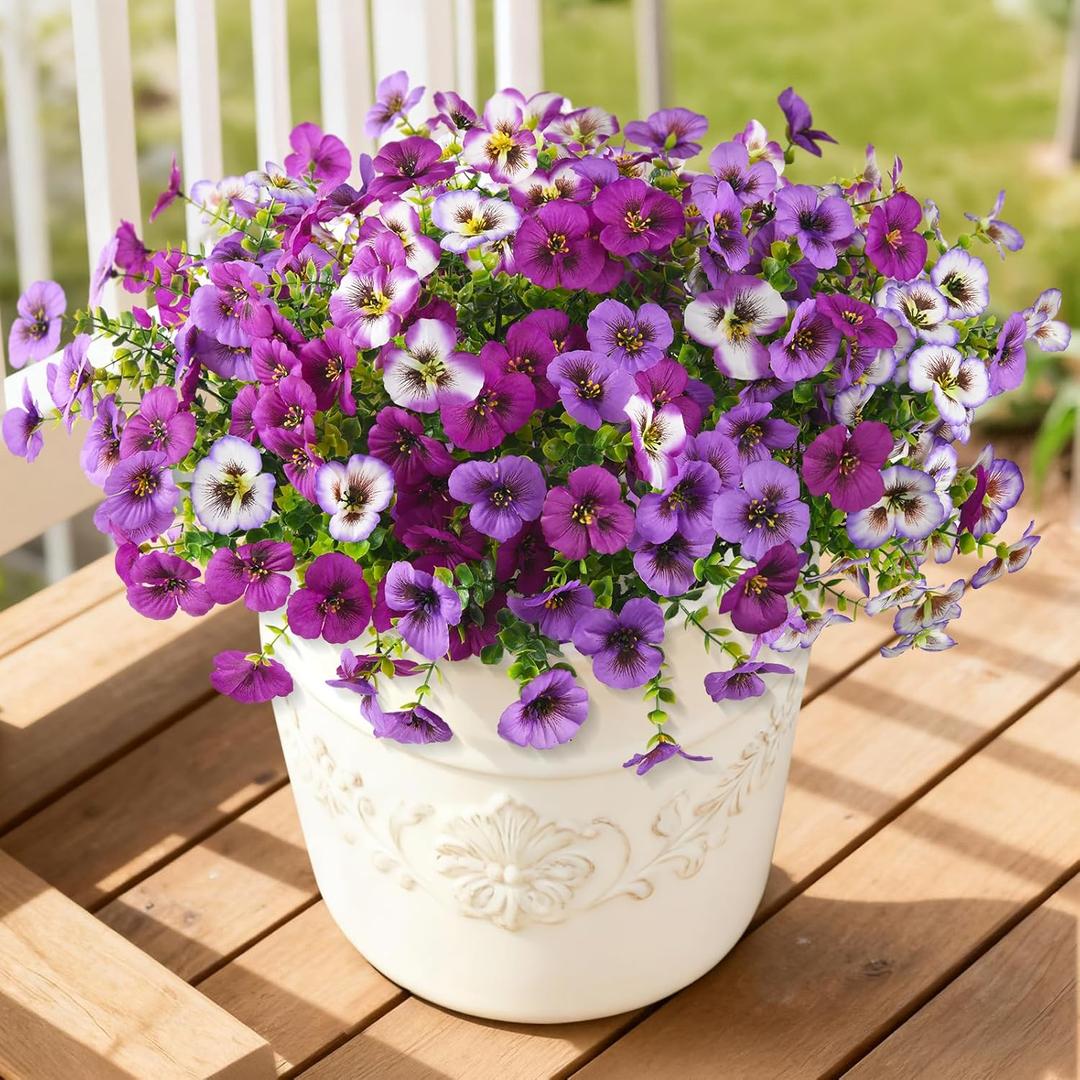 INQCMY Artificial Fake Pansy Flowers for Outdoor, 12 Pcs Faux Silk Pansies Flower for Spring Summer Decoration, UV Resistant Fake Plants for Outside Planter Porch Yard Patio Home Decor(Mixd Purple)