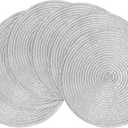 Floroom 15 Inch Round Braided Placemats Set of 6, Washable Heat Resistant Cotton Polyester Circle Place Mats for Kitchen Dining Table - Shimmer Silver