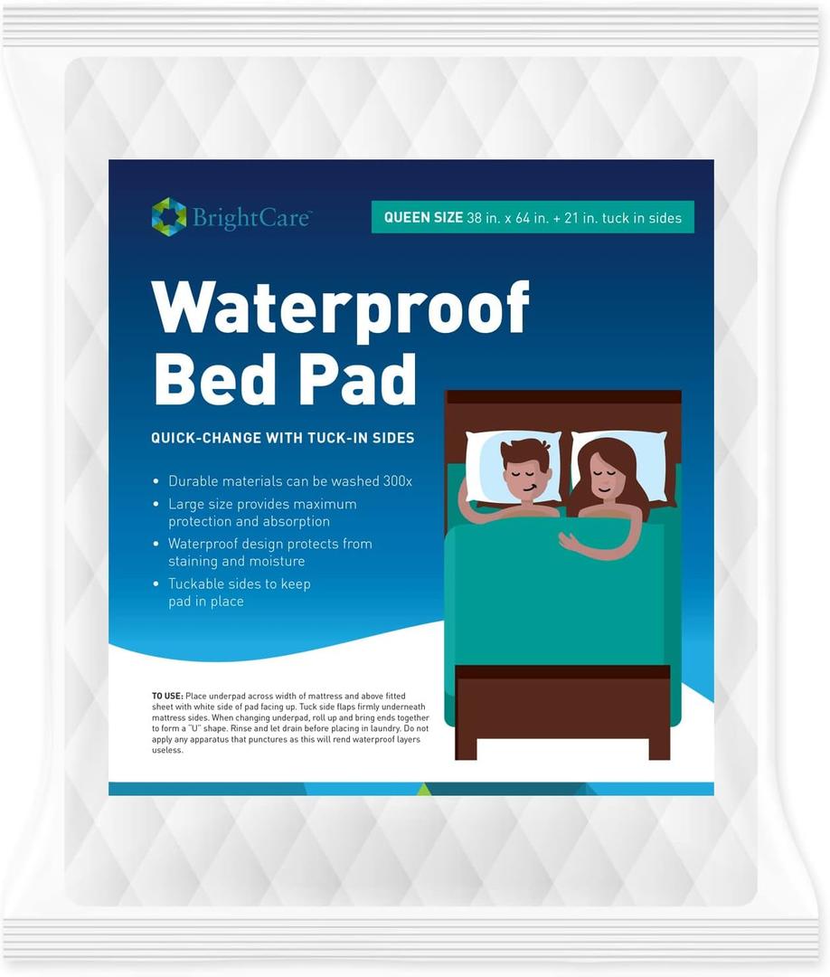 Soft Quilted Underpad for Bed Protection with Secure Side Tucks - Absorbent Washable Leak Proof Barrier for Incontinence - for Adults (Queen Size Bed Pad) - by BrightCare
