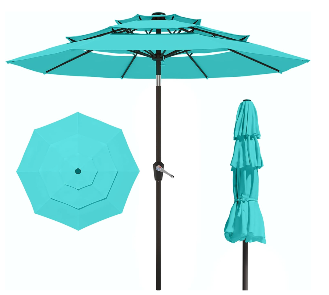 Patio Kingdom 10FT Patio Umbrella 3 Tiers Outdoor Market Umbrella w/Push Button Tilt, Crank, UV and Waterproof Table Umbrella for Garden, Pool, Backyard, Deck, Lawn, Sky Blue