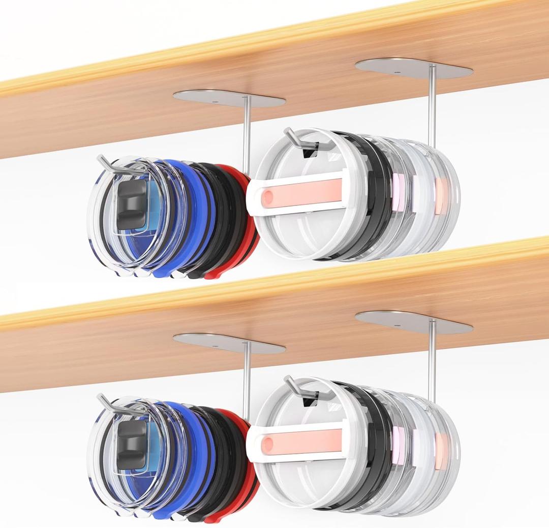 4 Pack Tumbler Lid Organizer, Space Saving Cup Lid Organizer for Yeti/Stanley/Simple Modern Tumbler Lids, Self-Adhesive or Drilling Tumbler Lid Hook for Kitchen Organizers and Storage