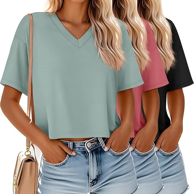 Ficerd Pack of 2 Cotton Women's V Neck Crop Tops Half Sleeve Drop Shoulder Basics Cropped Top Boxy Tees for Girls (M, Blue, Black)