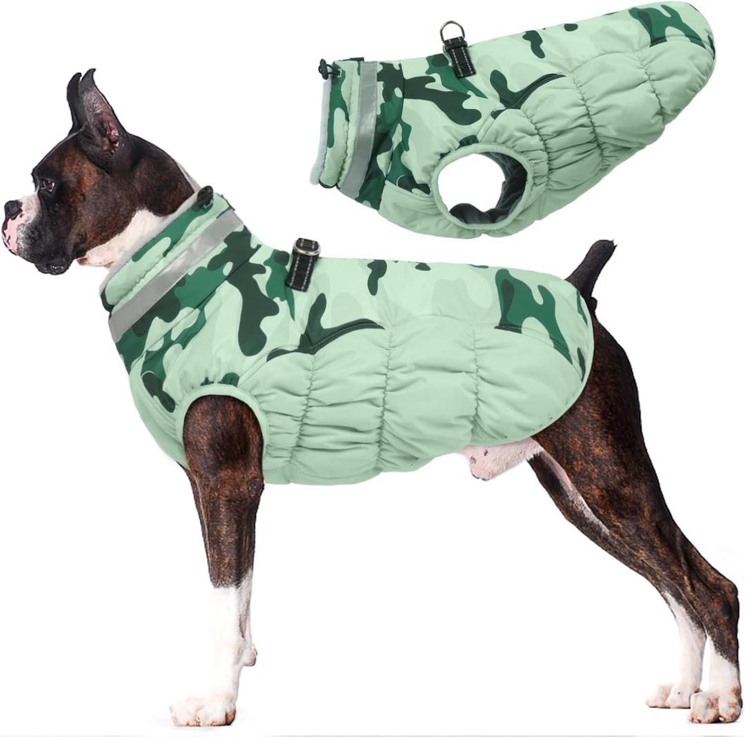 Lelepet Warm Dog Winter Coat Dog Coats for Large Dogs Waterproof Dogs Jacket with Harness Built in Reflective Cold Weather Coats Zip-Up Winter Fleece Vest Snowsuit Boston Terrier Mint Green Camo Large