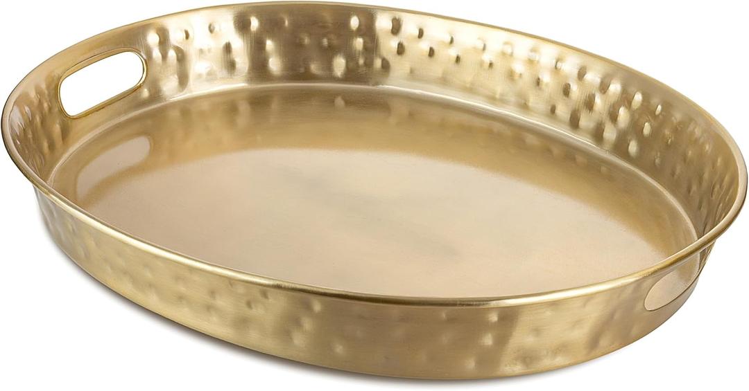 Monarch Abode Serving Tray with Handles 17-Inch Hand Hammered Metal Platter for Living Room, Brushed Gold Finish Large Ottoman Tray Accent for Coffee Table, Tea & Food Serving Dish for Party