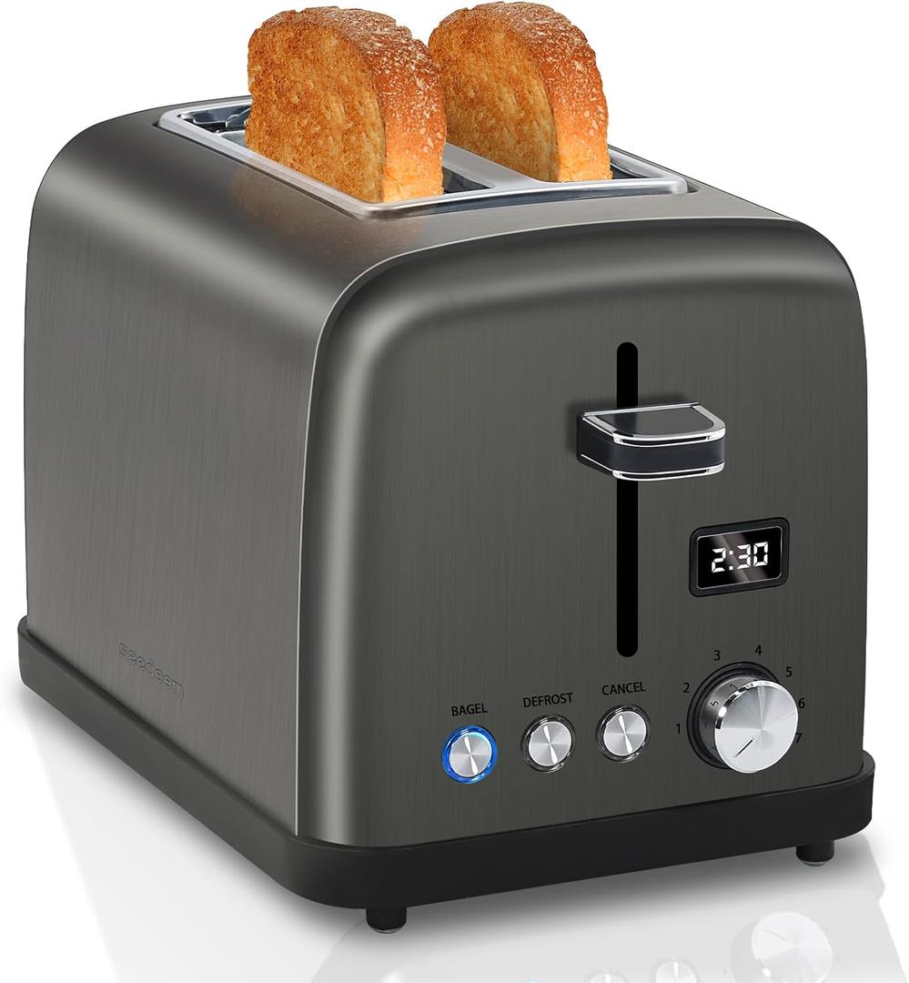 SEEDEEM Toaster 2 Slice, LCD Display, 7 Shade Settings, 1.4'' Wide Slots, Stainless Steel Digital Toaster for Bagel, Defrost, Reheat, Removable Crumb Tray, 900W, Grey