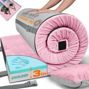 GAIALOOP 3 Inch Memory Foam Camping Mattress, Dual Layer Thick Sleeping Camp Pad for Car Tent Cot, Roll-Up Portable Glamping Floor Bed for Guests Sleepover[Twin XL: 80 * 38 * 3"] Sakura Pink
