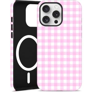 Jusy Compatible with MagSafe Checkered Case for iPhone 14 Plus, Cute Aesthetic Plaid Magnetic Phone Case, Soft TPU and Hard PC Protective Phone Cover for Women GirlsMatte - Pink Plaid