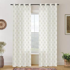 Neutral Curtains for Modern Farmhouse Style Living Room,Farm House Country Floral Patterned Linen Sheer Primitive Curtain for Bedroom 96 Inch Long 2 Panel Set 8FT 8 FT Length Floor to Ceiling Curtains (Tan Beige), Size: 52"W x 96"L