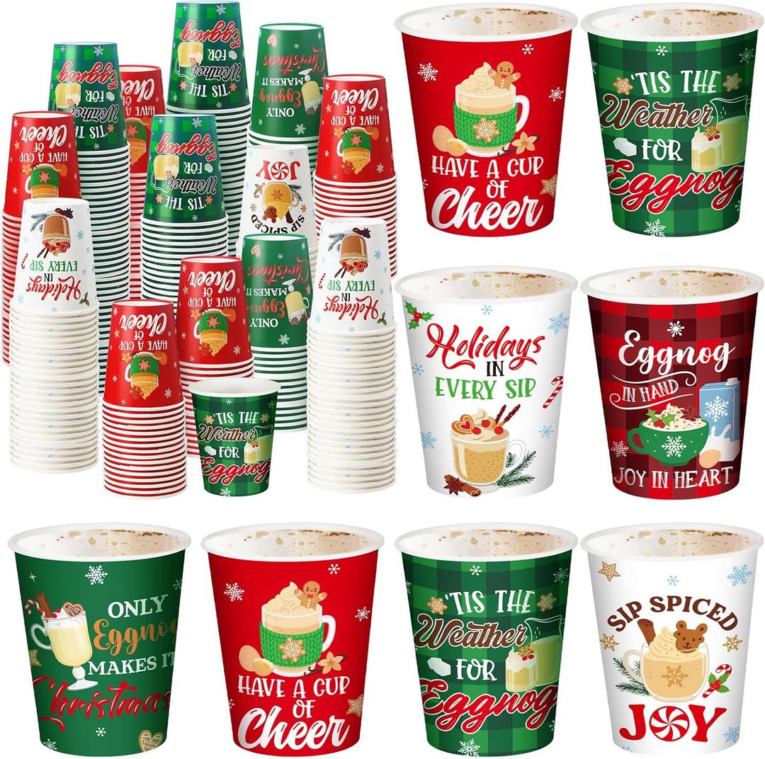 Layhit 120 Pcs Christmas Hot Cocoa Coffee Paper Cups, 8 oz Small Size Disposable Hot Beverage Chocolate Coffee Drinking Cups Bulk for Xmas Holiday Party Bar Drinkware Supplies