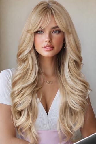 WIGER Long Wavy Hair With Bangs Flaxen Mix Blonde Curly Hair Synthetic Layered Wavy Wig for Women Daily or Costume Use Cosplay Party Wigs