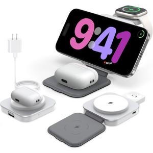 Upgraded 3 in 1 Wireless Charger for MagSafe, Magnetic Foldable Travel Fast Charging Station Pad Compatible with Apple Watch/Ultra (5W) iPhone 16/15/14/13/12 & AirPods Pro/4/3/2 (with Adapter) Upgraded 3 in 1 Wireless Charger for MagSafe, Magnetic Foldable Travel Fast Charging Station Pad Compatible with Apple Watch/Ultra (5W) iPhone 16/15/14/13/12 & AirPods Pro/4/3/2 (with Adapter)