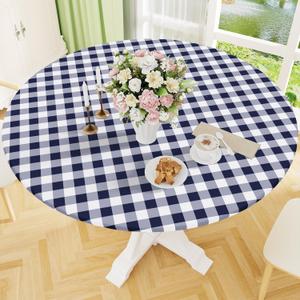 Smiry Round Picnic Tablecloth, Elastic Waterproof Fitted Vinyl Tablecloths for 18"-24" Tables, Flannel Backed Buffalo Plaid Table Cover for Dining, Camping, Outdoor, White and Navy