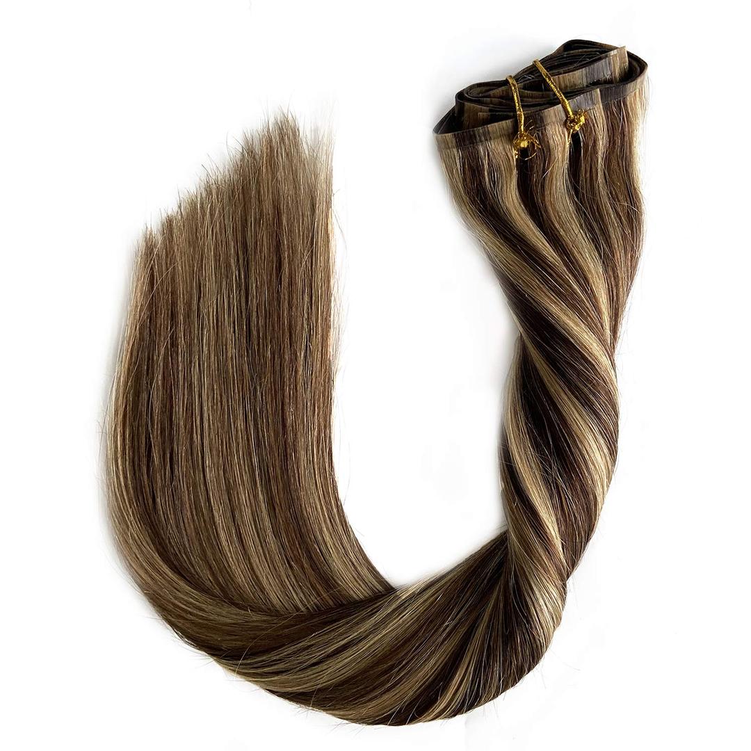 Clip in Hair Extensions Brown to Blonde Highlights Remy Human Hair Clip in Hair with Blonde Highlighted Real Hair Extension 7Pcs Skin Weft Straight Clip on Hair Extensions for Women 14 Inch