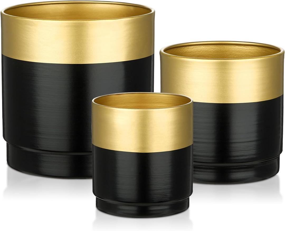 Briful Gold and Black Metal Planters with Drainage Hole for Outdoor Planting, 3.94''/4.72''/5.9'' Indoor Decorative Metal Buckets Floral Arrangment, Home Farmhouse Tables Decor, Set of 3