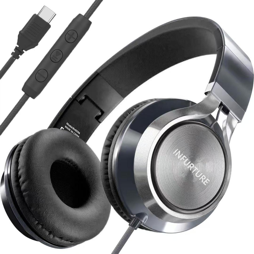 INFURTURE USB C Headphones with Mic,Volume Control,Tangle-Free Plaiting Line,Type C Headphones Wired,Lightweight Foldable for iPhone 17/15/16 Headphone Series/Tablet/School/Travel/Sports/Audiobooks