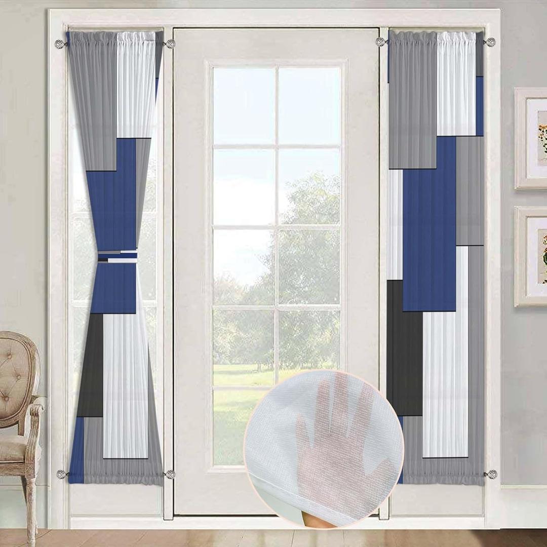 Geometric Navy Blue Sheer Curtains for Door Window, Black Semi-Transparent French Door Screen Curtains with Art Patterns for Multiple Door (25 x 72 Inch, 2 Panels)