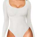 LODAY Long Sleeve Bodysuits for Women Scoop Neck Body Suits Light Compression (Medium, White)