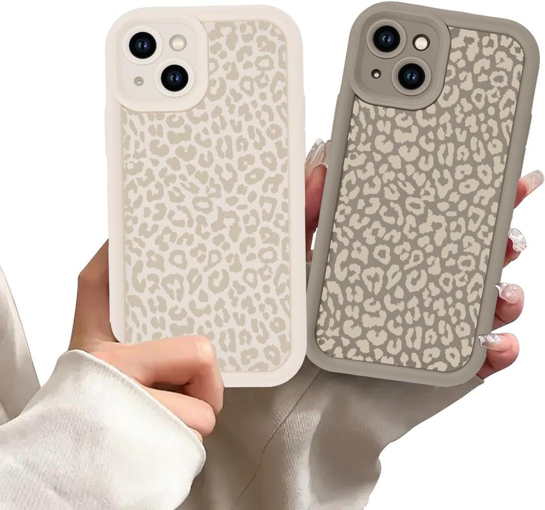 2 Pack Leopard Print Phone Cases for iPhone 14 Leopard Cases for Women,Raised Camera Protection Beige Cheetah Print Phone Case,Soft TPU Shockproof Silicone Funda Cover for iPhone 14 6.1 Inch