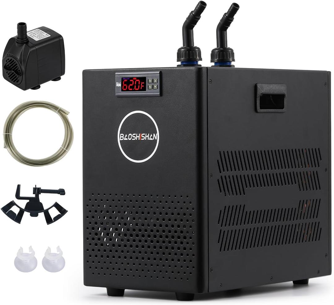 1/13 HP Aquarium Chiller 26 Gallon Fish Tank Water Chiller
Quiet Compressor Refrigeration, Precise Temperature Control, With Pump & Hose, For Axolotls Coral Reef and Hydroponics