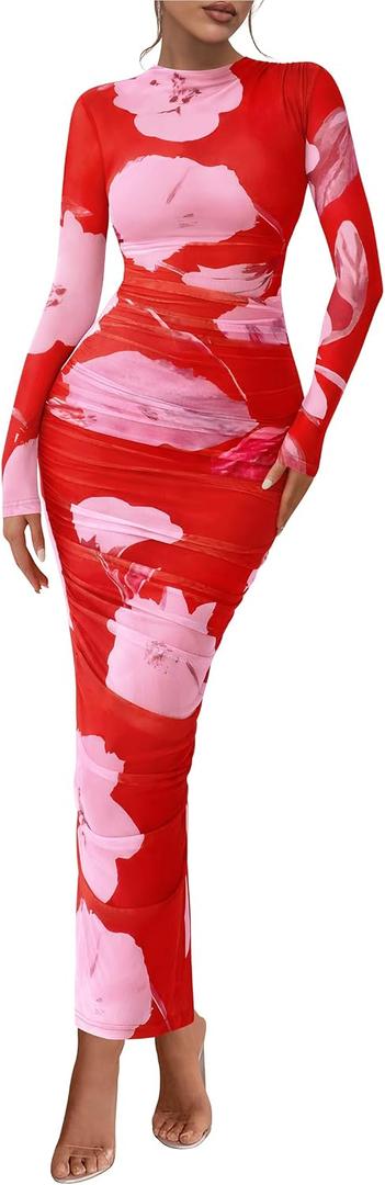 PRETTYGARDEN Women's Long Sleeve Maxi Dress 2026 Spring Ruched Bodycon Floral Mesh Formal Wedding Guest Cocktail Party Dresses (Brick Red Flower, L)