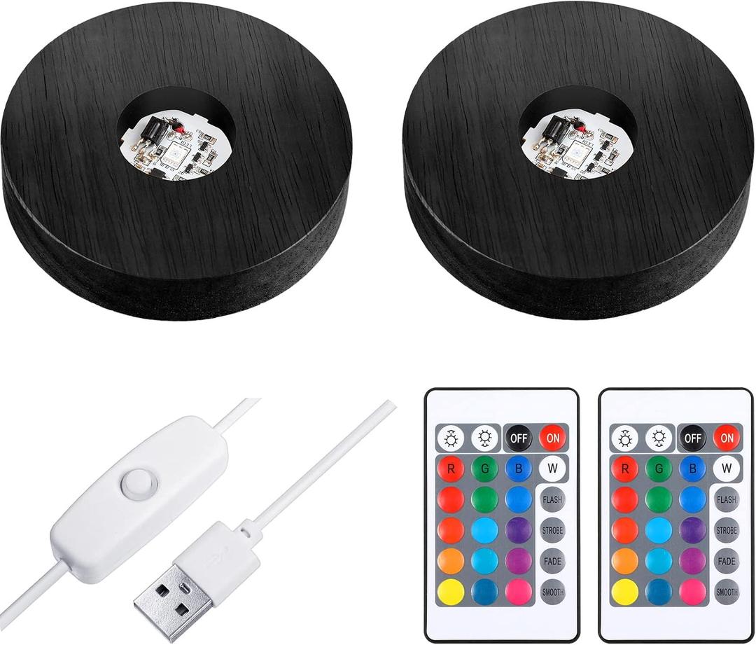 2 Pcs Light LED Base Wood LED Display Base for Glass Art Valentine Decor Crystal Acrylic Resin, 16 Colored USB Light with Remote Wooden Round Lamp Stand for 3D Crystal Ball Room Home Decor(Black)