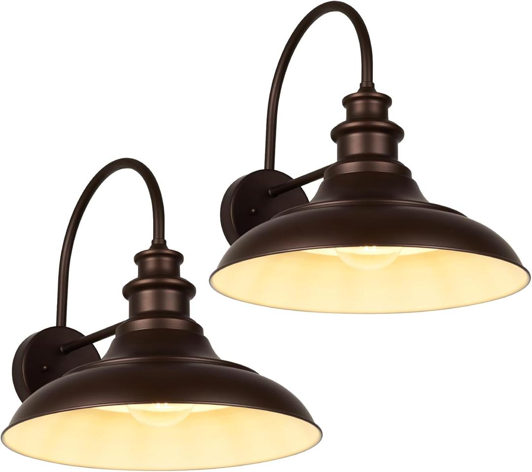 Outdoor Barn Light Fixtures, 16 Inch Large Dome Farmhouse Exterior Wall Mount Lights, Rustic Wall Sconces Indoor Wall Lighting, Industrial Bronze White Lanterns for Porch, 2 Pack