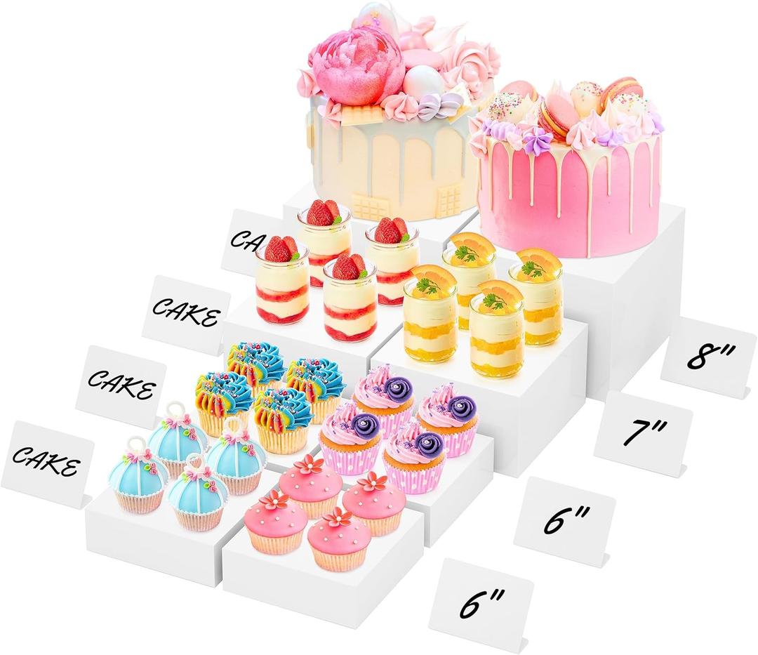 8 Buffet Risers with Mini Signs, Buffet Table Risers and Stands, Acrylic Cube Display Box for Catering Party Table Food Display, Dessert, Cakes - White, Set of 8 Boxes