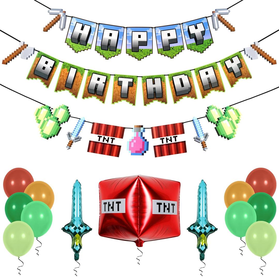 Pirese Pixel Birthday Decorations - Gaming Themed Happy Birthday Banner with TNT and Sword Foil Balloons for Pixel Party Decorations  Ultimate Party Supplies Kit with Balloons and Birthday Sign