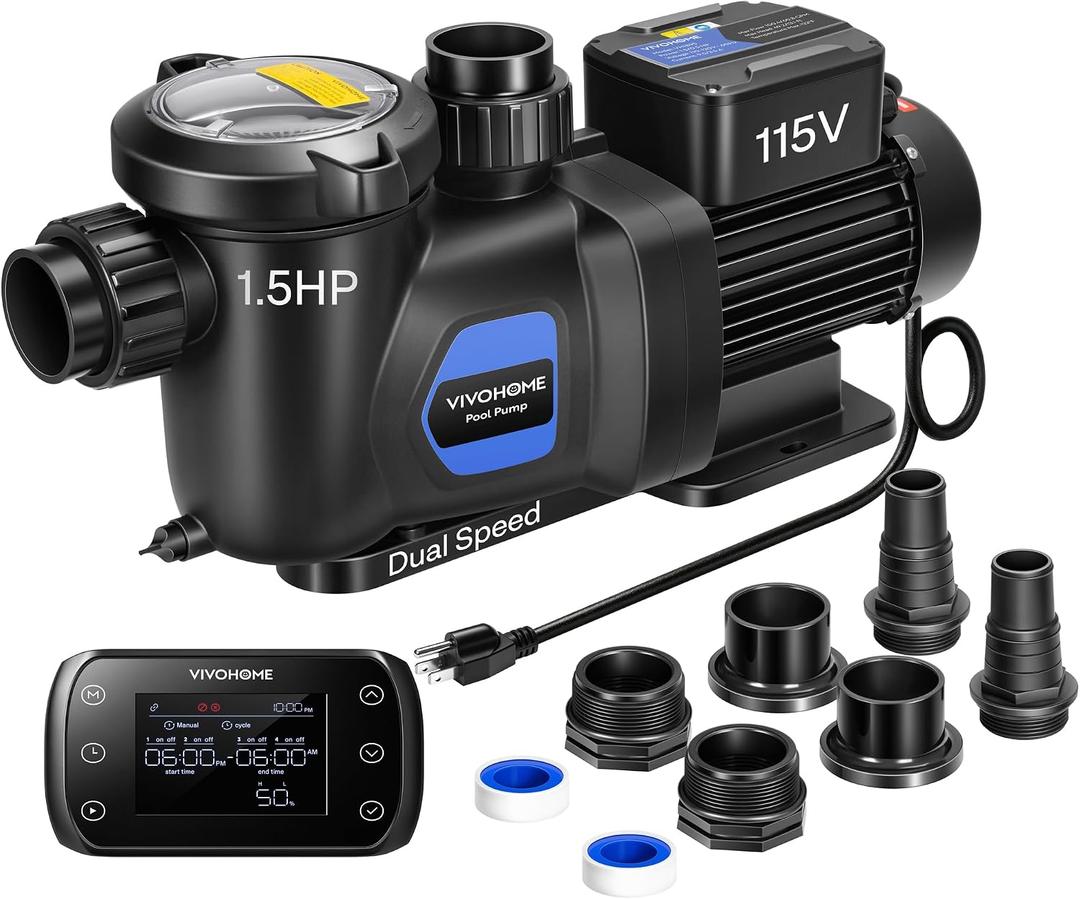 VIVOHOME 1.5HP Pool Pump Dual Speed with Remote Timer 115V
Wireless Control, Fast Self-Primming Motor, 4 Program Segment, for in/Above Ground Pools, Saltwater Pools