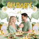 Sage Green Baby Shower Decorations Set- Sage Green Balloon Arch Kit, Pom Poms, OH BABY Banner, Backdrop, tablecloth for Gender Reveal Party Supplies