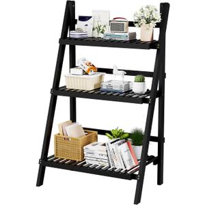 oakvivo 39.4" Foldable Plant Shelf Ladder Shelf, 3 Tier Bamboo Ladder Flower Pot Display Shelf, Freestanding Ladder Bookshelf for Garden, Balcony, Yard, Living Room, 23.6" W x 15" D x 39.4" H, Black