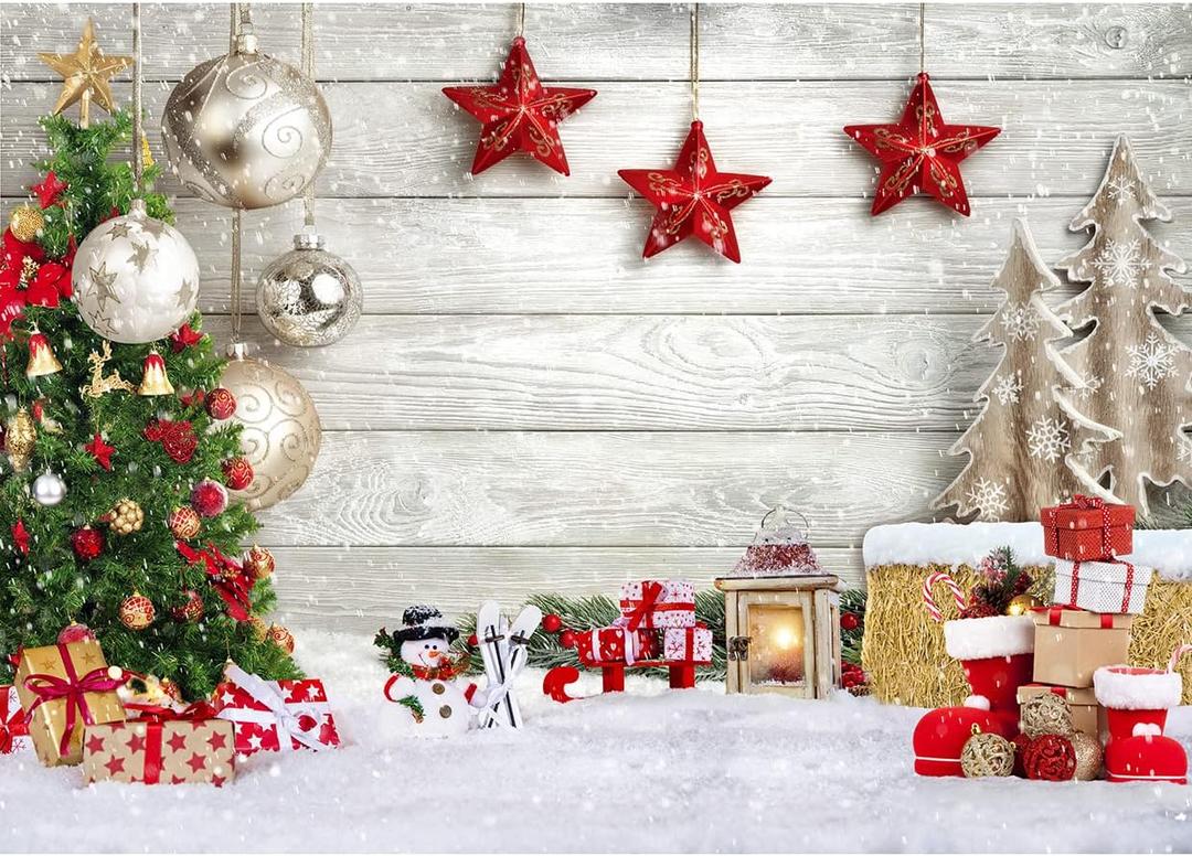 Christmas Backdrop White Wood Floor with Snowflake Backdrop Xmas Tree Gifts Background for Christmas Party Decoration Family Gathering 12392 (7x5FT)