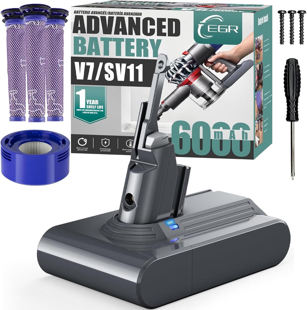 EGR Advanced 6000mAh V7 Animal Battery Replacement Compatible with Dyson SV11 V7 Motorhead V7 Animal V7 Trigger V7 HEPA V7 Car+Boat V7 Absolute Handheld Vacuum Cleaners (Not Fit V6, V8, V10)