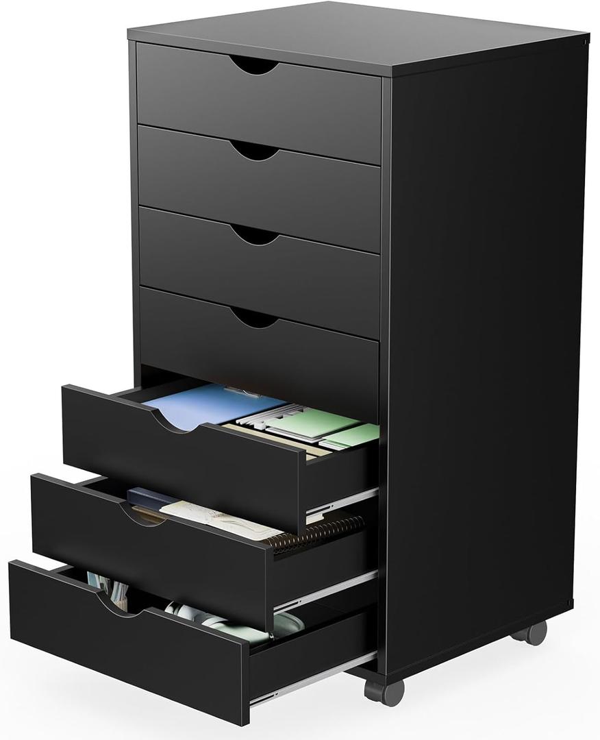 Sweetcrispy 7 Drawer Chest Mobile Storage Cabinets Wooden Dresser with Wheels Room Organization Furniture for Office Home, Black Wood (15.8"D x 18.7"W x 34.3"H (7 Drawers))
