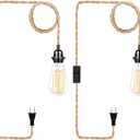 Industrial Hanging Light with Plug in Cord - Hemp Rope On/Off Switch, Farmhouse Pendant Light for Dining Room