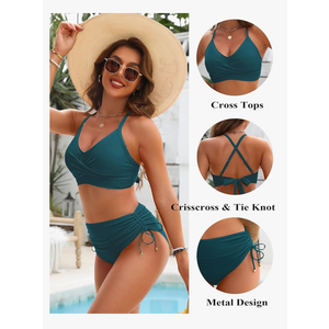 Blooming Jelly Womens High Waisted Bikini Sets Drawstring Tummy Control Swimsuits Crisscross Tie Back Bathing Suit, Size L
