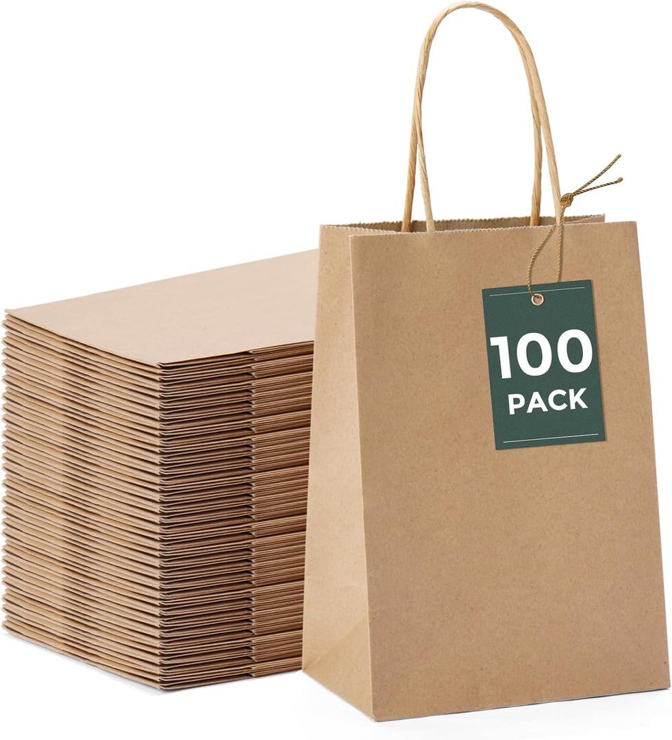GSSUSA 100 Pack Paper Gift Bags 5.25x3.75x8 Inch Small Brown Paper Bags with Handles Bulk, Brown Kraft Bag for Small Business, Sturdy Grocery Retail Shopping Birthday Party Favor Craft Bag Made in USA
