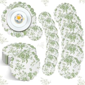 100 Pcs Sage Green Floral Paper Placemats Wedding Party Placemats and Drinks Coasters Disposable Greenery Flower Dinner Decorative Mats for Wedding Party Banquet Table Setting Decor