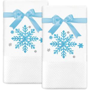 JarThenaAMCS Christmas Hand Towels Winter Blue Snowflake Embroidered Cotton Bathroom Towel Absorbent Bath Towel for Holiday Hand Drying Cleaning Cooking, 29.5 x 13.7 Inch, 2Pcs