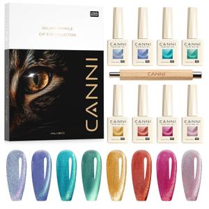 CANNI 8 Pcs 9 ML Cat Eye Gel Nail Polish Set, Red Pink Blue Green Yellow Glitter Rainbow Holographic Cat Eye Gel Polish Kit with Magnet Shimmer Colors Nail Art Manicure Salon DIY Gifts