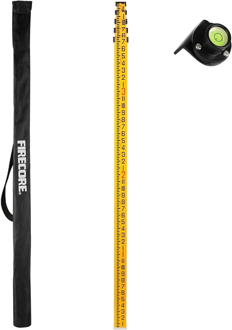 Firecore 16-Foot Aluminum Grade Rod - 8ths, 5 Sections Dual Sided Telescoping Leveling Rod with Bubble Level and Carrying Case - FLR500C